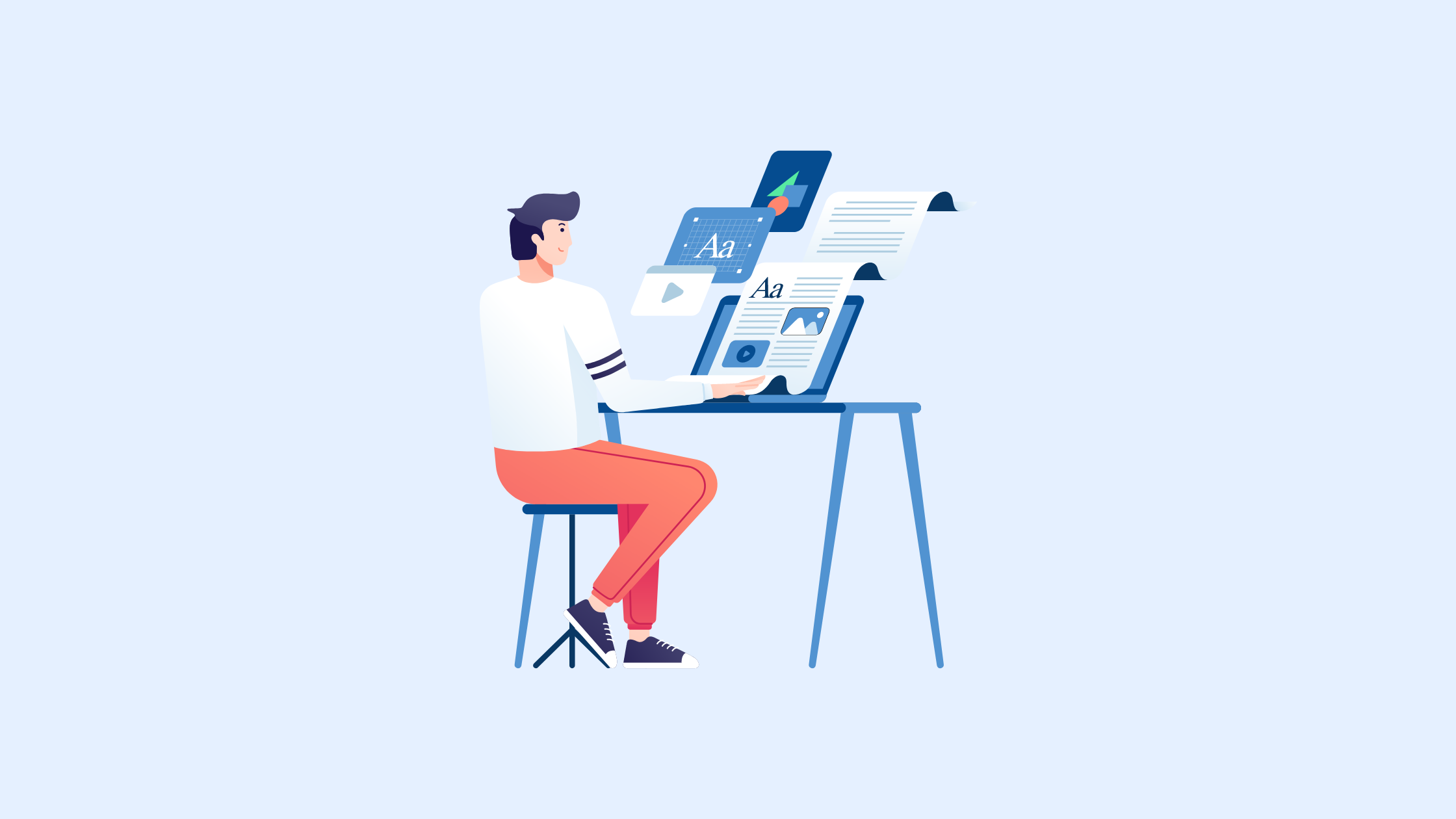 Illustration of a man at a desk writing content