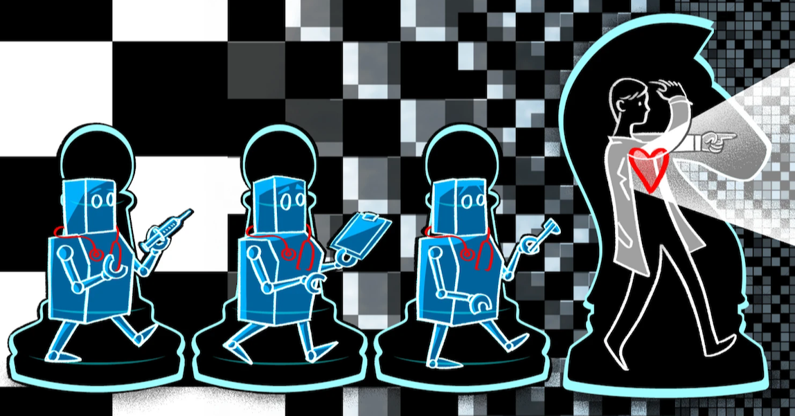 Illustration of blue robots and a physician on a black and white checkered background